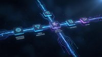 Futuristic digital technology network with glowing blue circuit pathways and data processing nodes on dark background for tech presentations.