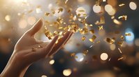 Female hand reaching up with golden confetti and sparkles floating in magical bokeh light atmosphere, creating dreamy celebratory moment against dark background.