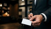 Professional man in dark suit holding blank white business card with blurred office interior background, suitable for corporate branding and business networking concepts.