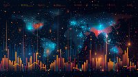 Global data visualization with world map overlay featuring glowing orange bar charts and blue nebula effects. Perfect for business intelligence, economic trends, and global analytics presentations.