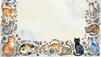 Watercolor cats and flowers border frame with copy space, featuring playful kittens in various poses on a light background.