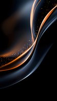 Elegant flowing curves with orange and silver light trails against dark background, sparkling particles create dynamic movement effect for luxury designs.