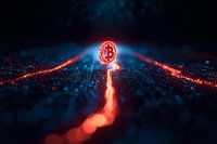 Glowing cryptocurrency symbol floating over digital landscape with red light trails and particles, futuristic technology concept on dark background.