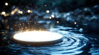Glowing circle platform on rippling water surface with magical sparkles and bokeh lights against dark background creates mystical atmosphere.