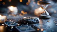 Dark chocolate cake with glitter sprinkles on black surface, warm candlelight bokeh creates magical atmosphere, selective focus on dessert details creates depth.