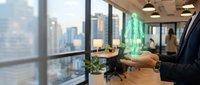 Businessman using smartphone with holographic technology display in modern office overlooking city skyline for digital innovation and futuristic communication.