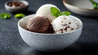 Chocolate and vanilla ice cream scoops in spotted ceramic bowl garnished with fresh mint leaves and chocolate shavings on dark background. Food photography.