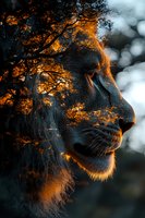 Majestic lion profile at sunset with double exposure effect combining wild animal portrait and golden autumn tree branches creating dramatic nature artwork.