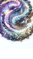 Colorful glitter swirl with iridescent sparkles in purple, teal, and gold tones creating a festive, shimmering texture on white background for celebrations and design projects.