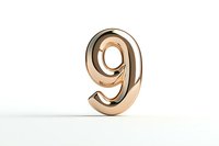 Metallic rose gold number nine on white background, glossy dimensional digit symbol for anniversary, birthday or mathematical design. Isolated object.