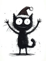 Funny black cat wearing Santa hat with big eyes and raised paws drawn in sketchy style on white background, isolated character for holiday designs and greeting cards.