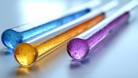 Colorful glass droppers with liquid spheres in blue, gold, and purple colors against light background, macro photography showing water drops and reflections.