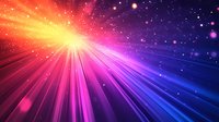 Vibrant light rays burst through cosmic space in pink, purple, orange and blue colors with glowing particles and bokeh effects creating dynamic motion background.