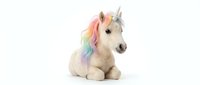 Cute plush unicorn toy with rainbow mane and horn, isolated on white background, perfect for children's product design and clipart use.