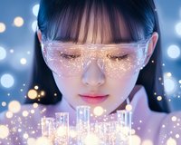 Young Asian woman wearing protective glasses with magical glowing sparkles, surrounded by luminous bokeh lights and scientific laboratory glassware in dreamy atmosphere.