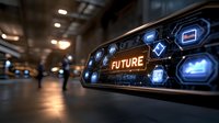 Futuristic digital interface with glowing icons and "FUTURE" text in modern industrial environment, blurred figures in background.