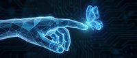 Digital wireframe hand reaching toward glowing butterfly symbolizing technology transformation and innovation in futuristic cyber space.