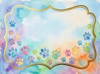 Colorful paw prints frame this watercolor background with gold border, isolated on white. Perfect for pet-related designs, invitations, and greeting cards.