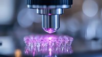 Microscope objective lens illuminating pink glowing cell culture plate with bokeh background in modern laboratory setting, scientific research concept.