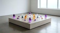 Colorful crystal gemstones arranged on white platform in minimalist gallery space with natural lighting for meditation and healing practices.