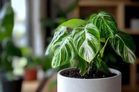 Young Monstera plant with variegated leaves growing in modern gray ceramic pot, shallow depth of field with blurred background, indoor gardening and home decor.