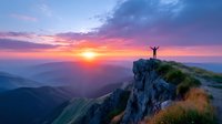 Person with arms outstretched on mountain cliff edge at sunset, silhouetted against vibrant purple and orange sky over misty mountain ranges.