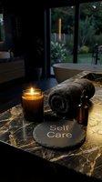 Luxury self care spa setup with candle, rolled towel, and serum bottle on dark marble surface in elegant bathroom interior.