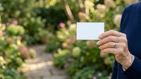 Person holding blank white business card outdoors in garden with blooming flowers and green foliage background, suitable for branding and marketing mockups.