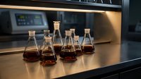 Laboratory flasks containing dark liquid samples arranged on metal counter in scientific research facility with equipment in background.