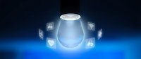 Smart home voice assistant device with glowing blue light surrounded by floating connectivity icons on dark background for IoT and automation concepts.