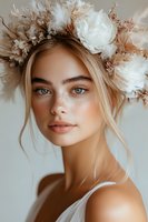 Young Caucasian woman with natural makeup, freckles and blonde hair wearing white floral crown with dried flowers and feathers in romantic bridal style portrait.