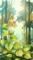 Watercolor forest scene with green foliage and tree trunks in soft natural tones. Artistic botanical illustration with organic brushstrokes and peaceful atmosphere.