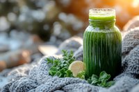 Fresh green smoothie in glass bottle with mint leaves on cozy knitted blanket outdoors. Healthy detox drink for wellness lifestyle and nutrition.
