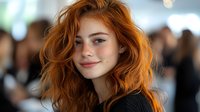 Young redhead woman with curly hair smiling at camera in crowded indoor setting. Natural makeup and warm expression for lifestyle and portrait concepts.