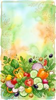 Watercolor vegetable border frame with fresh produce including tomatoes, cucumbers, bell peppers, onions and leafy greens on isolated white background, ideal for menu design.