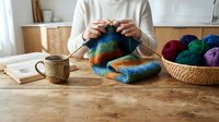 Woman knitting colorful wool project at wooden table with yarn balls and coffee mug in cozy home crafting workspace for handmade hobby relaxation.