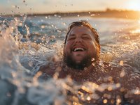 Bearded man splashing in ocean water at sunset, laughing with pure joy as water droplets spray around him in golden sunlight, capturing authentic happiness.