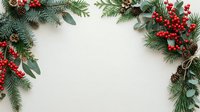 Festive evergreen branches with vibrant red berries and natural twine arranged on white background, ideal for holiday greeting cards, seasonal marketing materials, and winter celebrations.