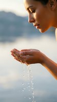 Young woman cupping hands with water droplets falling in golden sunlight against blurred mountain landscape background for wellness and purity concepts.