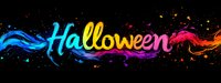 Colorful Halloween text lettering with bright neon splash effect on black background, modern calligraphy style with rainbow watercolor paint splatter decoration.