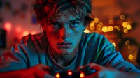 Young male gamer illuminated by vibrant red and blue neon lights holds controller with intense focused expression against blurred bokeh background of gaming setup.