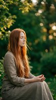Peaceful young Caucasian woman with long red hair meditating outdoors in natural linen dress surrounded by green foliage with warm sunlight bokeh.