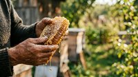 Mature male farmer holding harvested honeycomb with dripping honey in apiary garden setting, beekeeping and agricultural production concept.