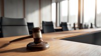 Wooden judge gavel on courtroom table with empty conference chairs in background, symbolizing legal proceedings and justice system.