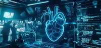 Digital hologram of anatomical heart with medical data visualization in modern hospital control room, doctors analyzing cardiac diagnostics on screens.