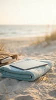 Laptop resting on folded towel at sandy beach during golden hour sunset, with ocean waves and dune grass visible in soft focus background for travel and remote work concepts.