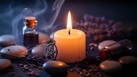 Aromatherapy spa setting with burning candle, essential oil bottle, smooth stones and dried lavender creating peaceful wellness atmosphere for relaxation.