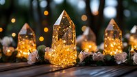 Glowing crystal quartz points with fairy lights inside arranged on wooden surface among pink roses and greenery, creating magical ambient atmosphere.
