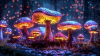 Glowing magical mushrooms in enchanted night forest with luminescent details and bokeh lights creating mystical fairy tale atmosphere against starry dark background.