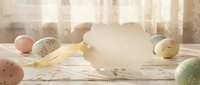 White sheep silhouette with yellow ribbon bow surrounded by colorful Easter eggs on rustic wooden surface with soft natural lighting for spring decor.